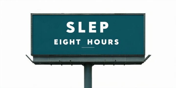 Billboard displays text SLEP EIGHT HOURS. Dark teal background, white lettering. Simple design, minimal elements. Clear message promoting rest.
