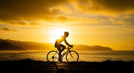 Fototapeta premium Silhouette of a cyclist riding a bicycle on the beach at sunset, with a vibrant golden sky and ocean waves.