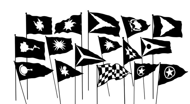 Flags nautical set with various symbols and designs on black background featuring checkered flag, flag collection, flag icons with flag graphics and