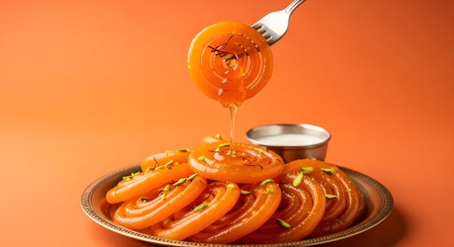 Artistic spiral arrangement of jalebis on brass plate against orange background