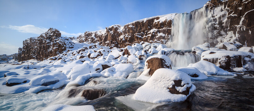 &Ouml;xar&aacute;rfoss Waterfall after fresh snowfall, Iceland