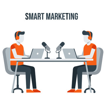 Smart marketing concept featuring two male hosts recording a promotional podcast episode