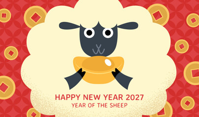 Naklejka premium Zodiac sheep holding sycee ingot with lucky coins in background. Wishing wealth for chinese new year of the sheep 2027.