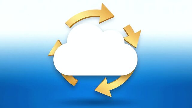 Digital cloud icon with golden refresh arrows on a blue gradient, representing data synchronization and online services.