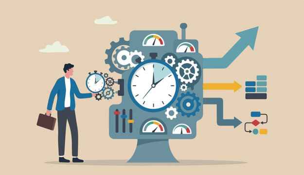 Efficiency or productivity, manage resources time optimize management improve result increase in performance effective process, businessman combine clock timer gear cogwheel for best efficiency
