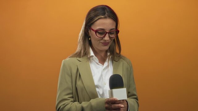 Woman reporter wearing blazer and red glasses holding microphone with both hands and looking down in orange studio; thoughtful reporting.