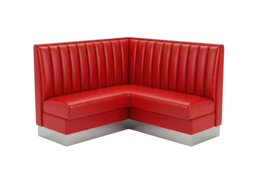 Red corner booth seating isolated. Modern restaurant furniture mockup.