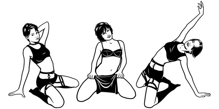 Pin Up Girls Sitting on Knees. Black and white vector cliparts in pop art style.