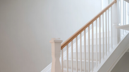Naklejka premium Elegant and Minimalist Interior Staircase Design with Wood Railings and White Spindles, Bright and Clean Modern Home Architecture