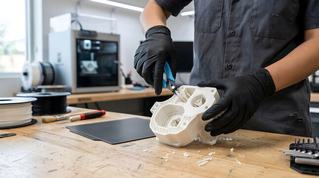 close up of a technician in black gloves using pliers to remove support structures from a white 3d printed mechanical part on a wooden workbench in a modern maker workspace