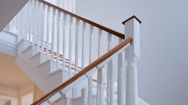 Elegant interior staircase with white balusters and wooden handrails, leading upwards, highlighting clean architectural design and modern home decor