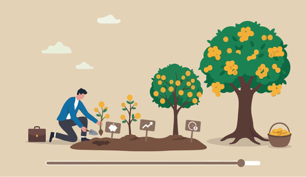  Investing in growth stock, growing pension fund, saving or make profit from retirement fund, growing wealth or investment asset concept, businessman investor planting money seedling for prosperity.