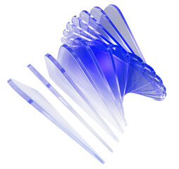Abstract 3d glass layered effect with light purple blue gradient. Line array, twisted transparent form render. Swirl of crystal triangle plate shapes. Isolated graphic design element