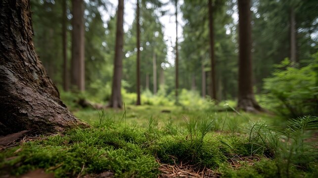 Close up view of textured tree bark and lush green moss on a forest floor with blurred trees in the background