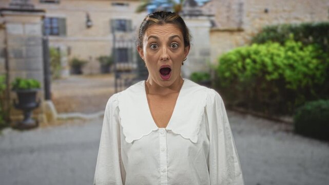 Woman mouth open gasp in front of stone building courtyard outdoors wearing white blouse; surprise discovery.