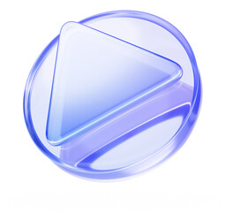 3d liquid glass play button icon render. Blue transparent circle badge with triangle arrow right. Music and video player, game design interface. Crystal glossy ui element isolated