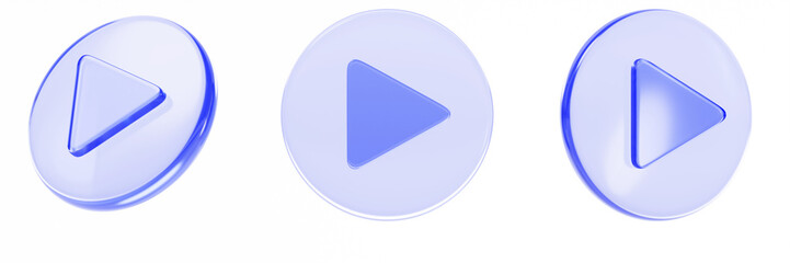 3d blue liquid glass play button set, translucent circle frame with triangle render. Glassmorphism ui element for start playing of video, audio or multimedia. Music and movies badge