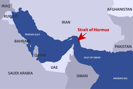 Political map of the Persian Gulf and Strait of Hormuz with country labels