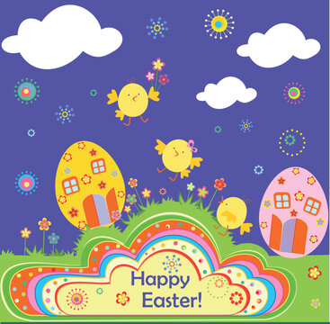 Funny greeting easter card with little chicken, colorful Eggs, house and flowers