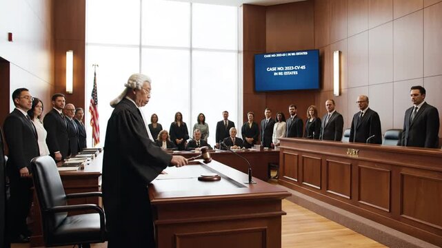 A judge banging gavel in a courtroom with a jury and lawyers, announcing verdict