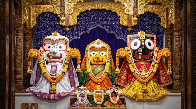 Lord Jagannath, Balabhadra, and Subhadra Idols Decorated with Garlands in Temple
