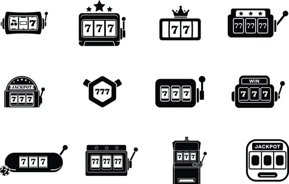 collection of casino slot machine icons with jackpot win graphics and symbols