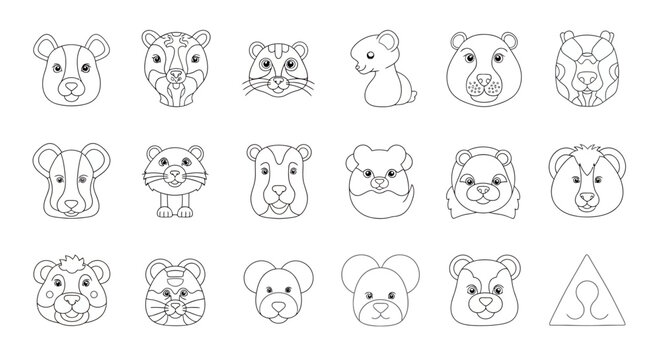 Collection of various cute rodent and small mammal faces in simple outline line art style, suitable for icons or avatars.