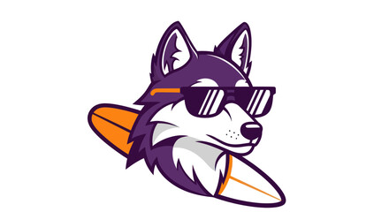 Stylized illustration of a husky with sunglasses and a surfboard © Dika