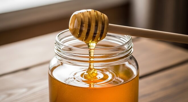 Golden Honey Drizzling From Wooden Dipper Into Glass Jar