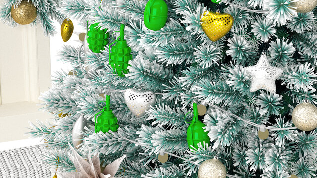 Christmas Tree Decorated with Grenades Instead of Traditional Holiday Ornaments