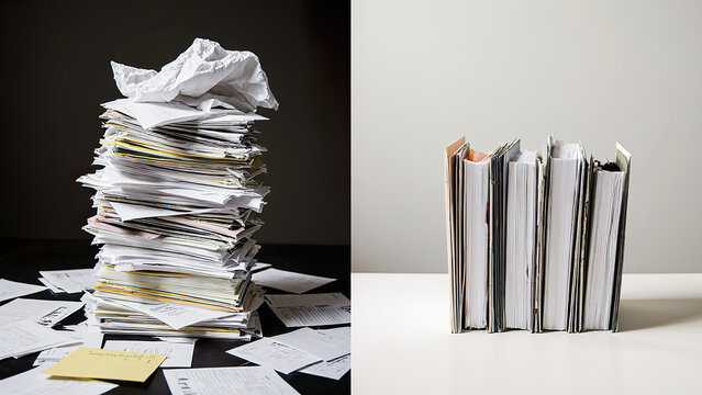 Disorganized stack of crumpled papers beside neatly arranged folders on a clean surface, contrasting chaos and order in document management