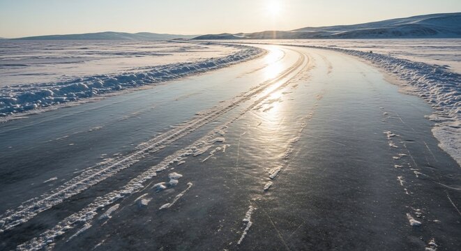 Icy Winter Road Reflecting Sunlight in a Cold Landscape.