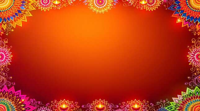 Vibrant Indian festive background frame with colorful mandala rangoli patterns and lit diyas for Diwali greeting