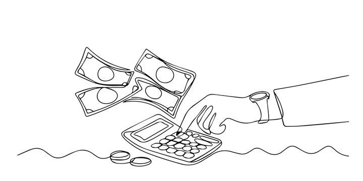 Minimalist continuous line art of hand using calculator with money and coins for finance or budget concept.