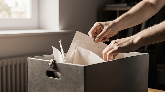 Hands of a person sorting through documents in a gray storage box on a wooden table near a window with natural light illuminating the scene