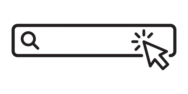Modern web search bar interface icon featuring a magnifying glass and a mouse cursor clicking to initiate an online query.
