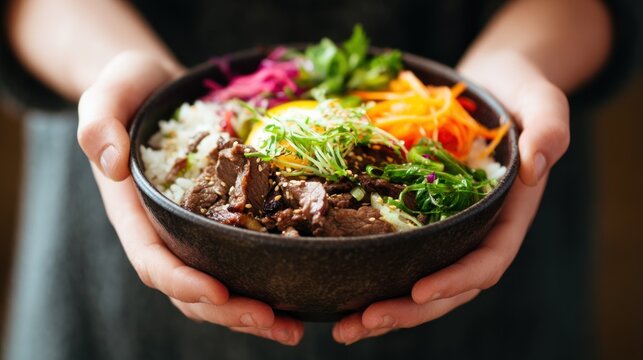 Female hands hold a bowl of fresh healthy salad featuring delicious meat and vegetables in a gourmet spicy Thai cuisine dish