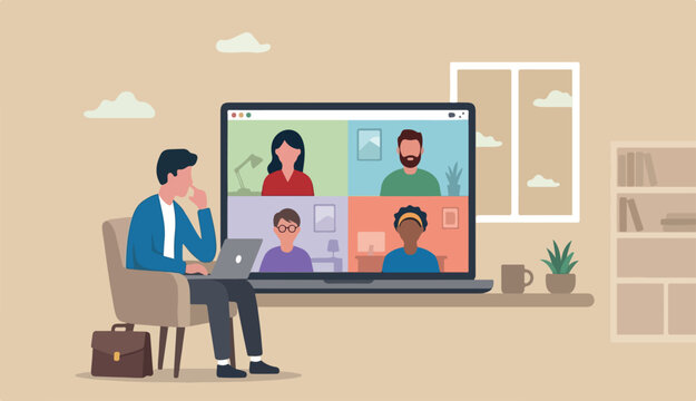 Work from home video conference meeting team to social distancing Coronavirus COVID-19 pandemic concept, office home working chair to conference meeting team laptop computer
