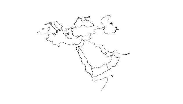 A black line drawing of a map showing the countries of Asia and Africa