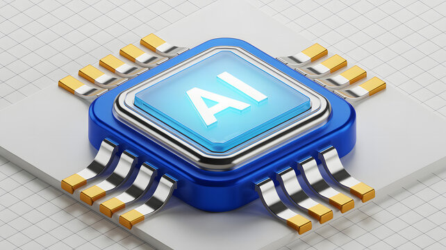 A highly detailed 3D rendering of a blue microchip with AI on a circuit board, representing artificial intelligence and technology. This image can be used for marketing, advertising, or educational pu