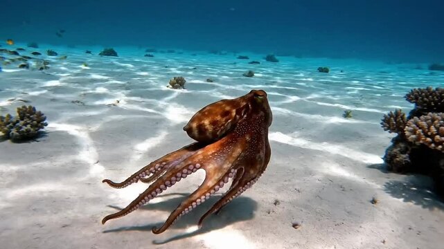Octopus swims in clear waters of tropical reef with fish and coral