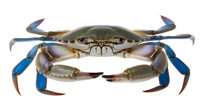 Blue crab vector featuring detailed shell, claws, and marine wildlife concept isolated on white background for ocean and seafood design use.