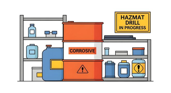 Industrial hazmat drill in progress with corrosive materials, orange barrels, and safety containers
