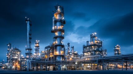 Fototapeta premium Illuminated industrial refinery complex at night showcasing advanced technology, efficient energy production, and modern infrastructure for sustainable development.