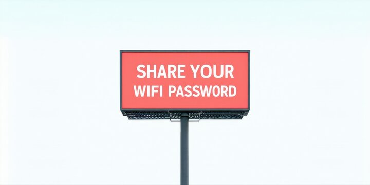 Billboard displays message requesting wifi password sharing. Simple design, red text on white background, gray support structure.