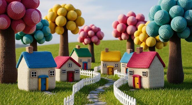 Whimsical village of knit houses with colorful trees on a vibrant green hillside