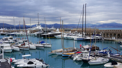 Fototapeta premium View of the famous Fort Carre and yachts at the Port Vauban in Antibes, France.