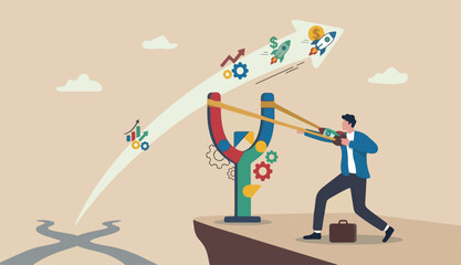 Fototapeta premium Entrepreneurship ready to launch new project work improvement career development, speed business growth concept, brave businessman pull rubber band ready launch slingshot flight