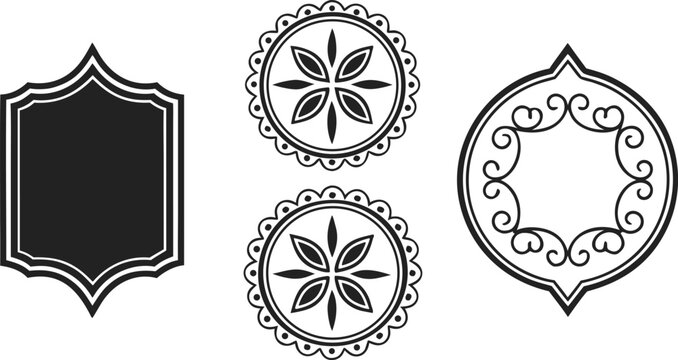 Black decorative label silhouettes set with floral and scroll labels