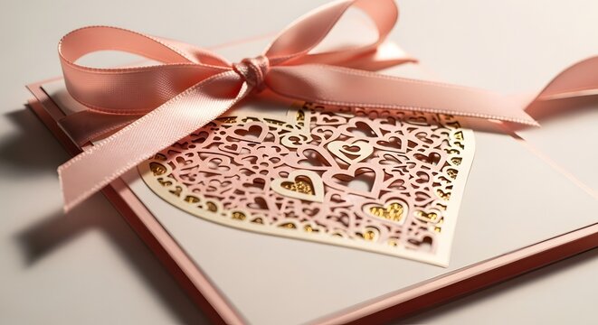 pink and gold heart-shaped laser cut paper with satin ribbon for romantic gift